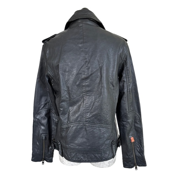 Superdry Ryan Biker Leather Moto Jacket Black Asymmetrical Zip Hip Buckle Size M - Picture 3 of 16
